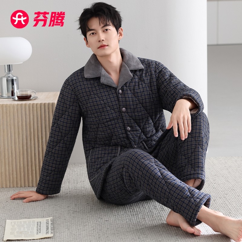 芬腾睡衣男士冬季三层加厚加绒梭织纯棉夹棉秋冬珊瑚绒棉袄家居服