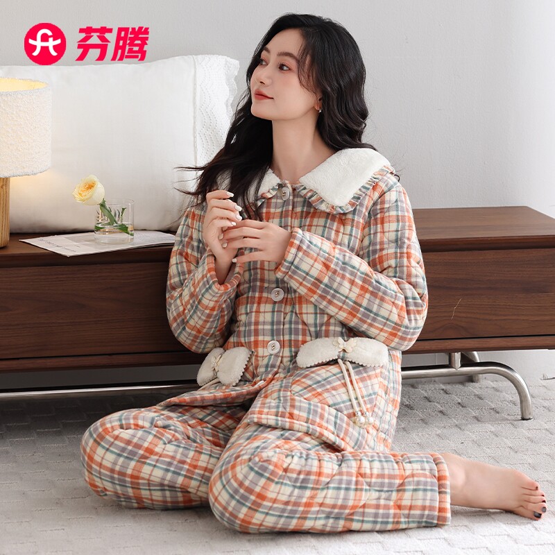 芬腾睡衣女秋冬季三层加厚加绒保暖梭织纯棉夹棉珊瑚绒家居服套装