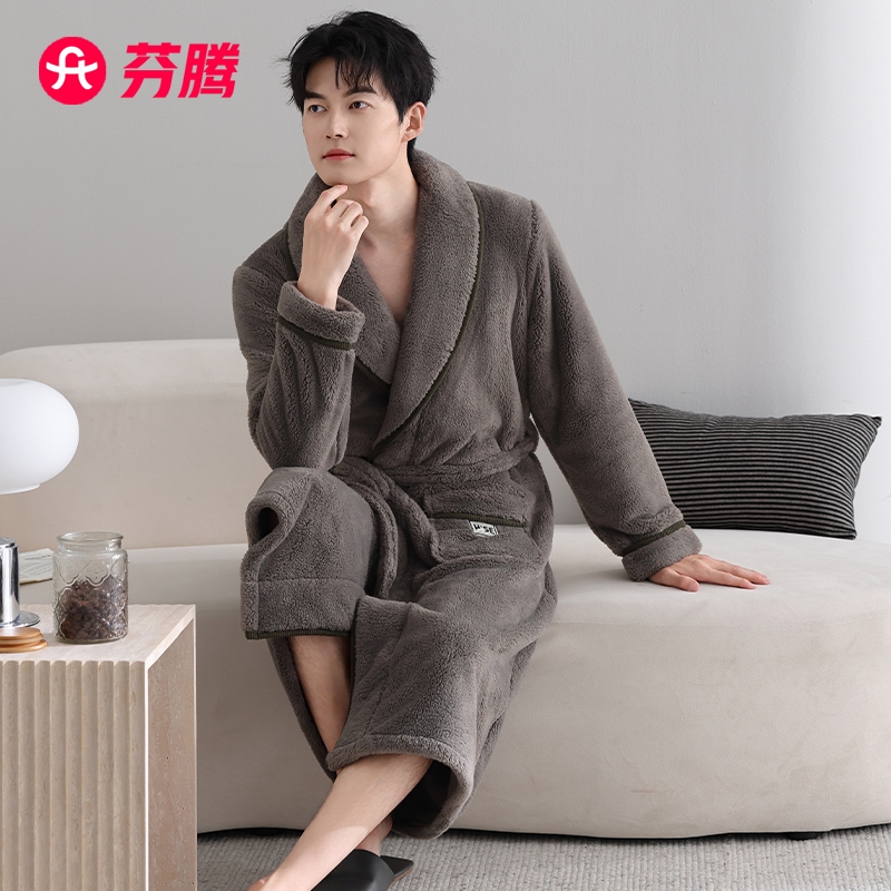 芬腾男士睡袍秋冬季珊瑚绒睡衣加厚加绒男款法兰绒保暖家居服浴袍