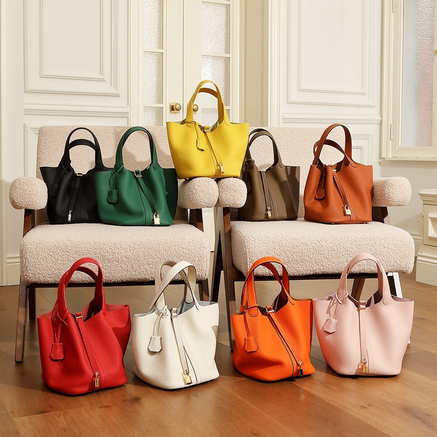 加大号高品质真皮菜篮子TC头层牛皮小众高级感精致手提水桶包女包