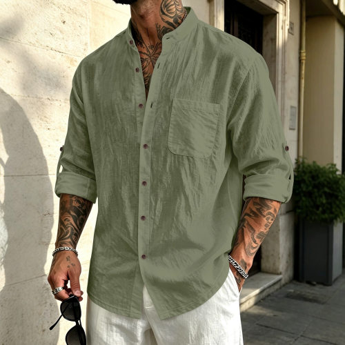 American men's Hawaiian stand collar linen Henry shirt