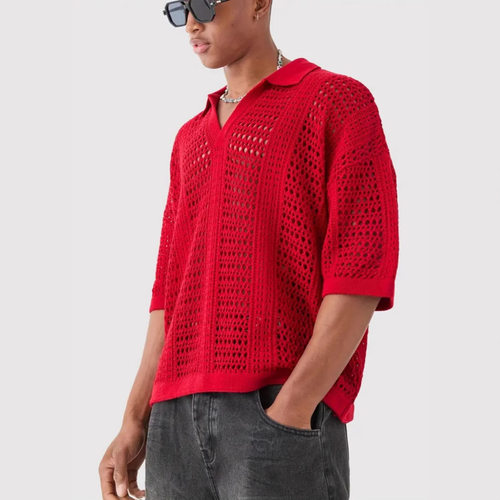 Men's Hollow mesh texture knitted short sleeved polo shirt