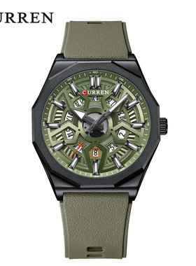 CURREN/卡瑞恩8437中性圆形防水胶带表 日历情侣腕表胶带外贸表