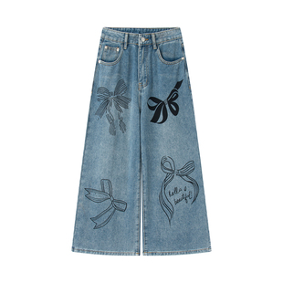 美式高街设计感手绘涂鸦阔腿牛仔裤女2026春新高腰水洗复古直筒裤