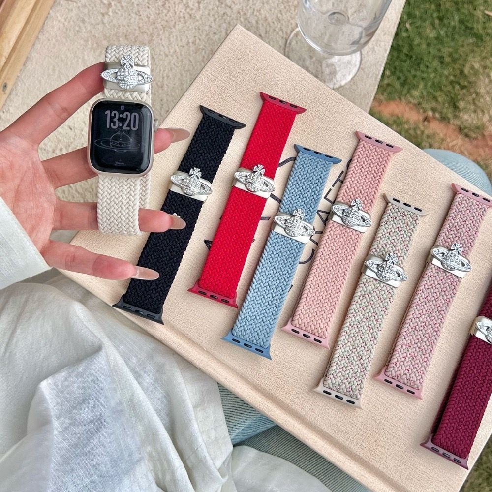 适用苹果watch11-98/S10尼龙编织磁吸扣土星星球高级金属镶钻表带
