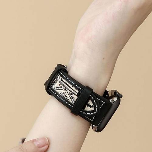 适用OPPOwatch/x/2/4pro手表带se真皮质帆布运动黑色花纹潮款表带