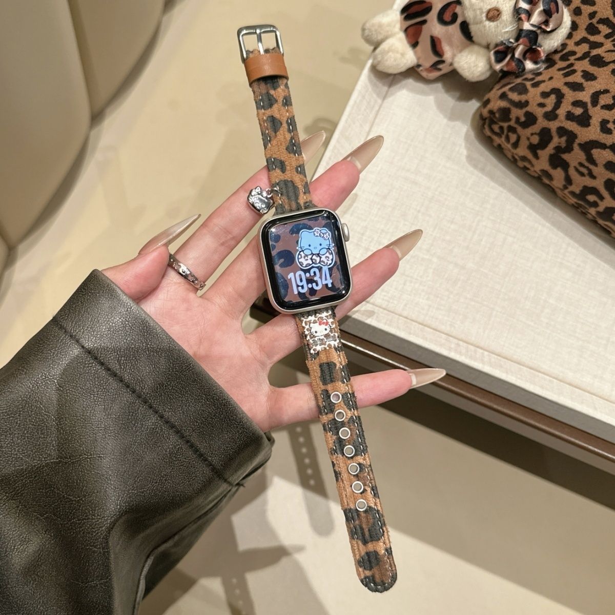 豹纹KT适用华为gt6表带Fit4/3灯心绒荣耀watchX5猫头挂饰2i亲选45