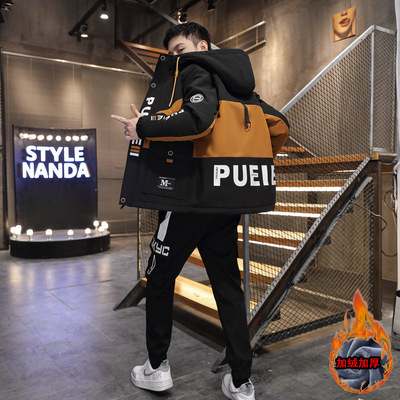 潮流连帽休闲加绒加厚套装