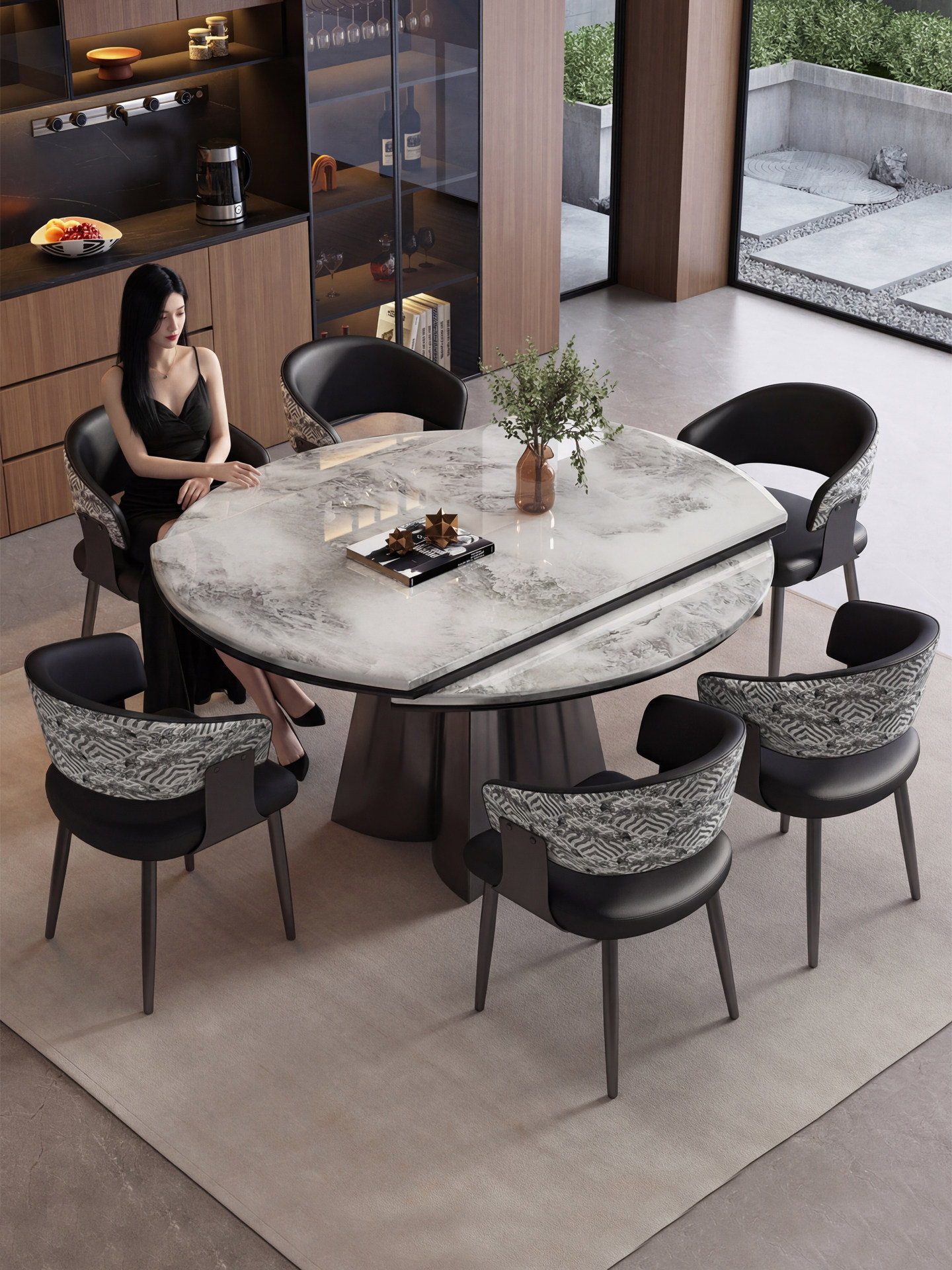 Dəyirmi və kvadrat birləşən açılan yemək masası, mərmər üzlü