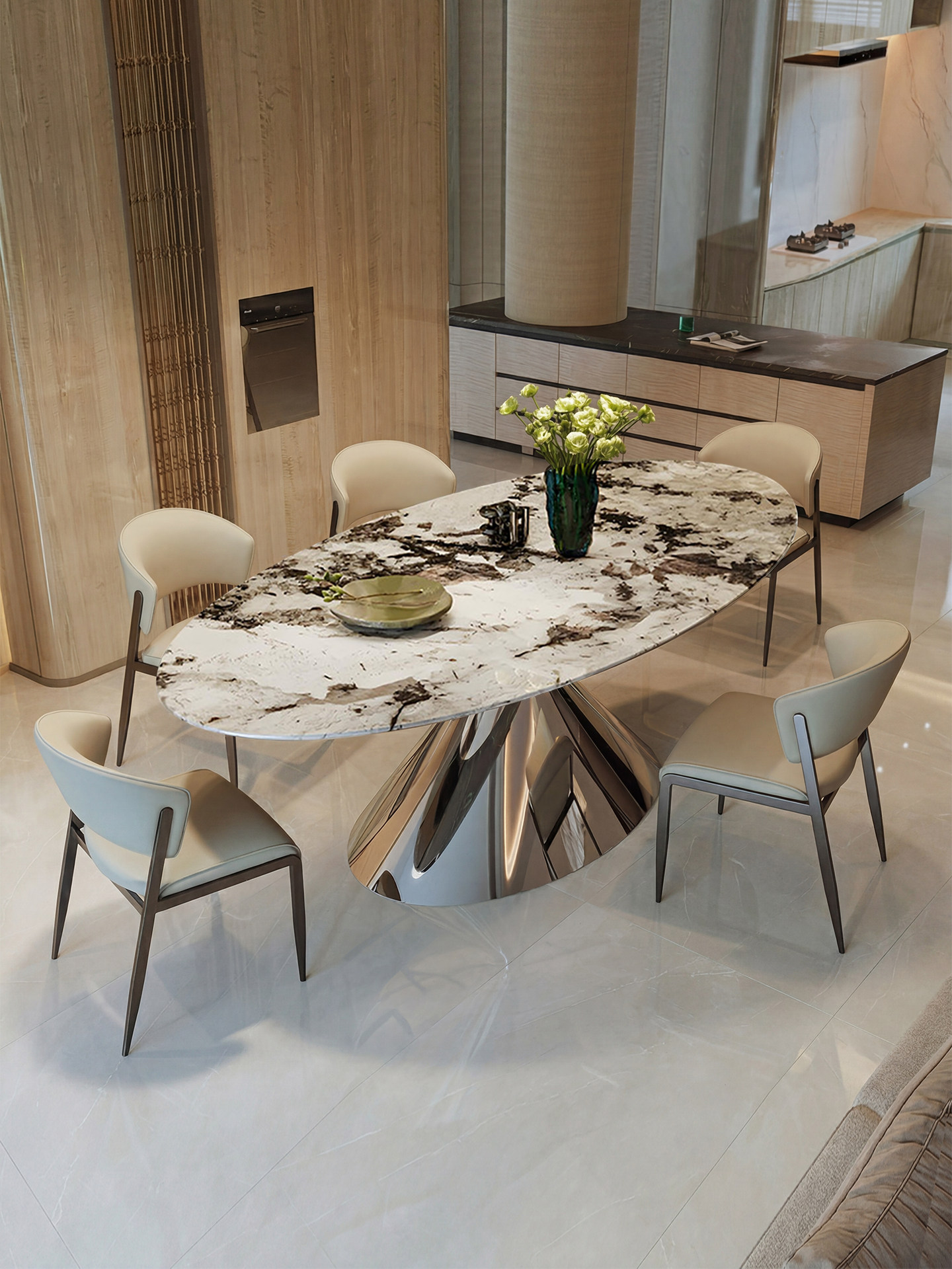 Natural marble flying saucer dining table oval dining room home Italian light luxury stone western dining table and chairs combination dining table