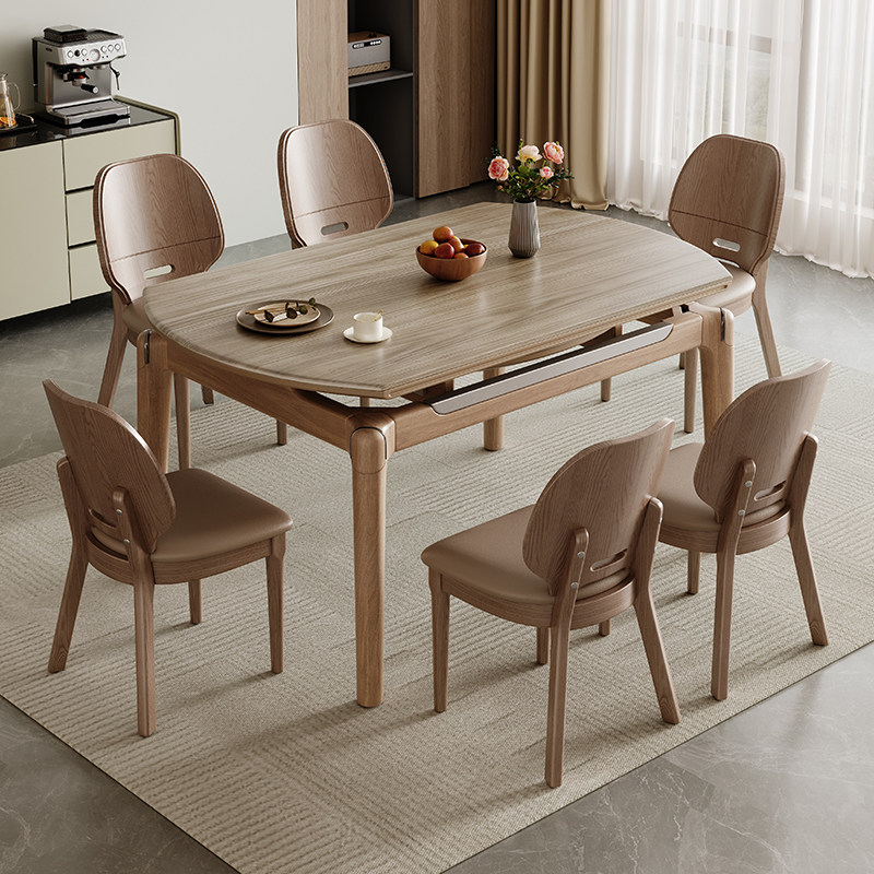 现代简约方圆两用餐桌亮面实木框架可伸缩小户型家用吃饭桌椅套装