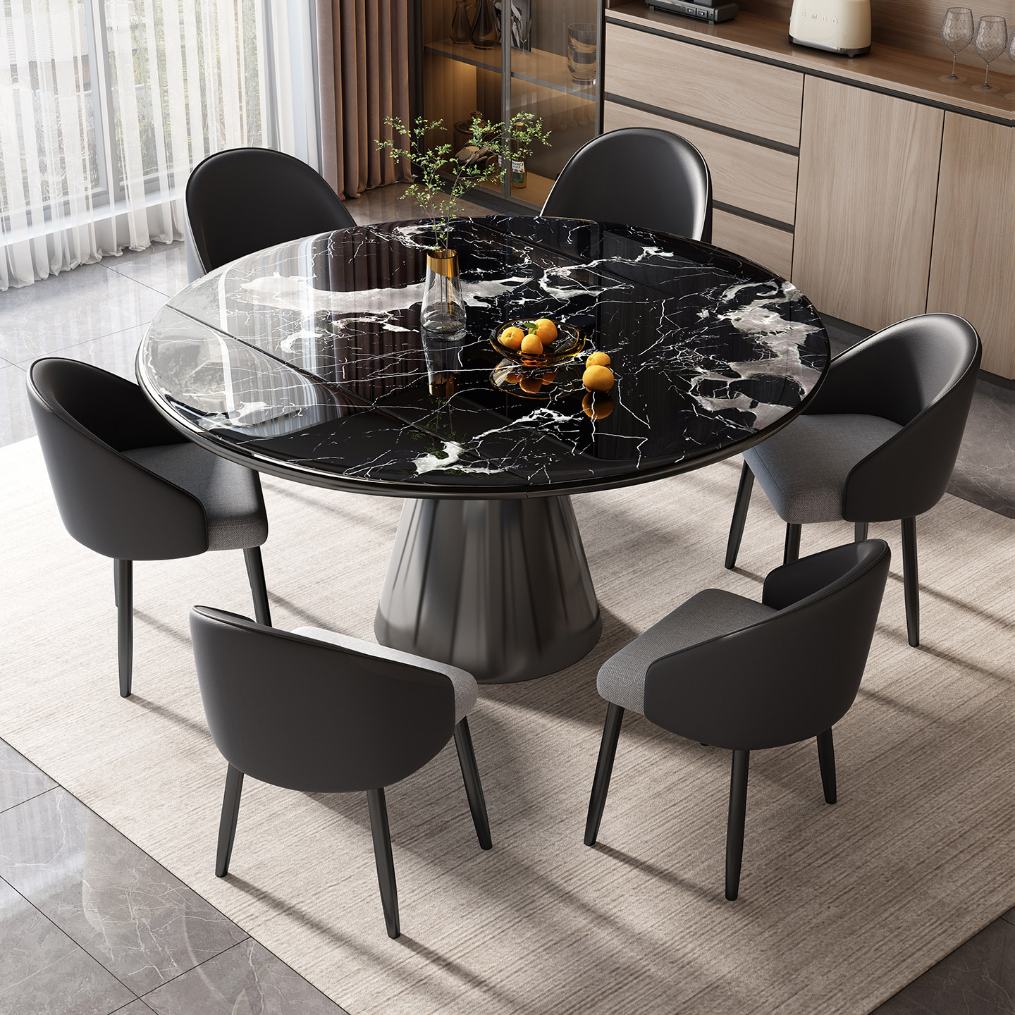 天然大理石餐桌家用可伸缩圆桌意式极简高端方圆两用吃饭桌椅组合,住宅家具,大理石餐桌,淘宝优惠券,粉丝福利购,淘宝优惠卷