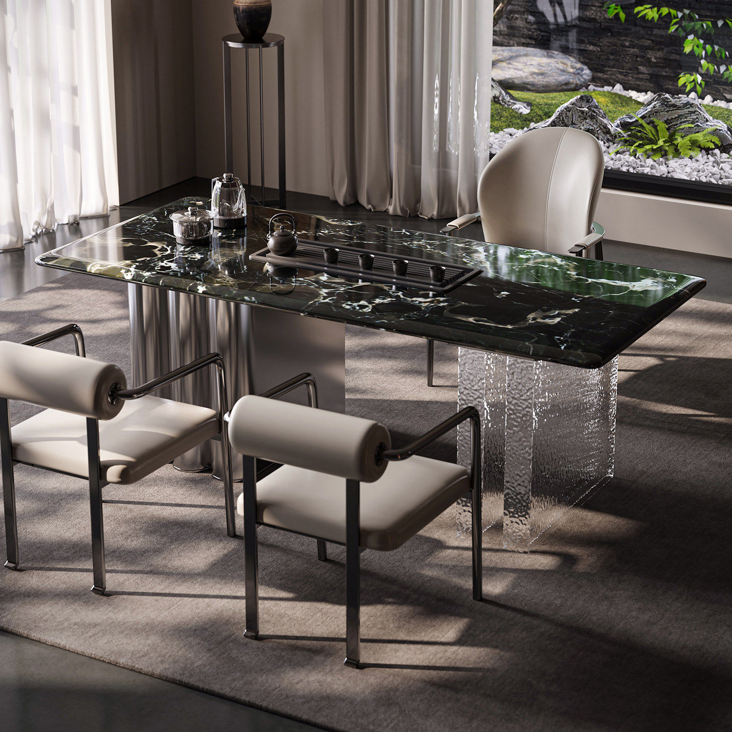 意式极简高端大理石纯天然奢石茶桌办公家用一体阳台茶台茶椅组合