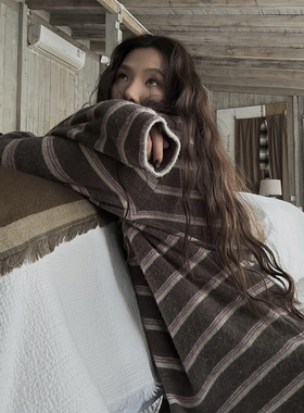 JMWOMEN 棕拼粉复古撞色条纹半高领毛衣女冬季宽松慵懒感百搭上衣