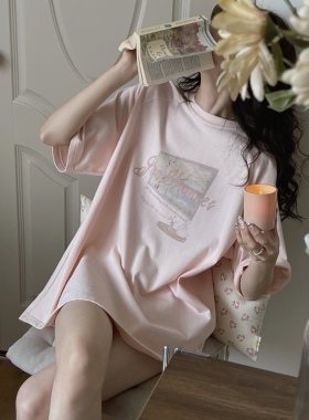 JMwomen粉色印花短袖T恤女夏纯棉半袖oversize宽松插肩袖长款上衣