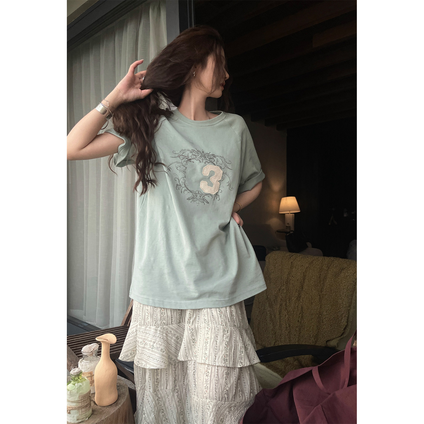 JMWOMEN"豆绿晚风"湖绿色复古贴布短袖T恤女夏纯棉宽松清冷感上衣