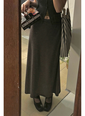 JMWOMEN基础舒适主义 深灰条纹高腰半身裙女秋季显瘦免烫肤感长裙