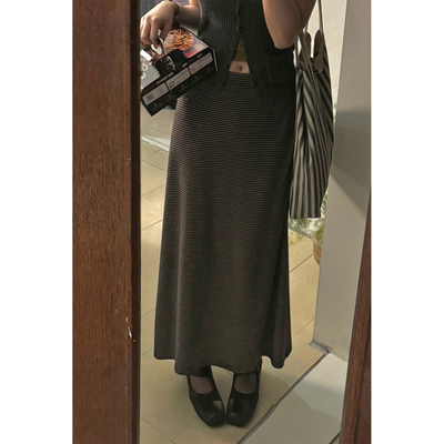 JMWOMEN基础舒适主义 深灰条纹高腰半身裙女秋季显瘦免烫肤感长裙