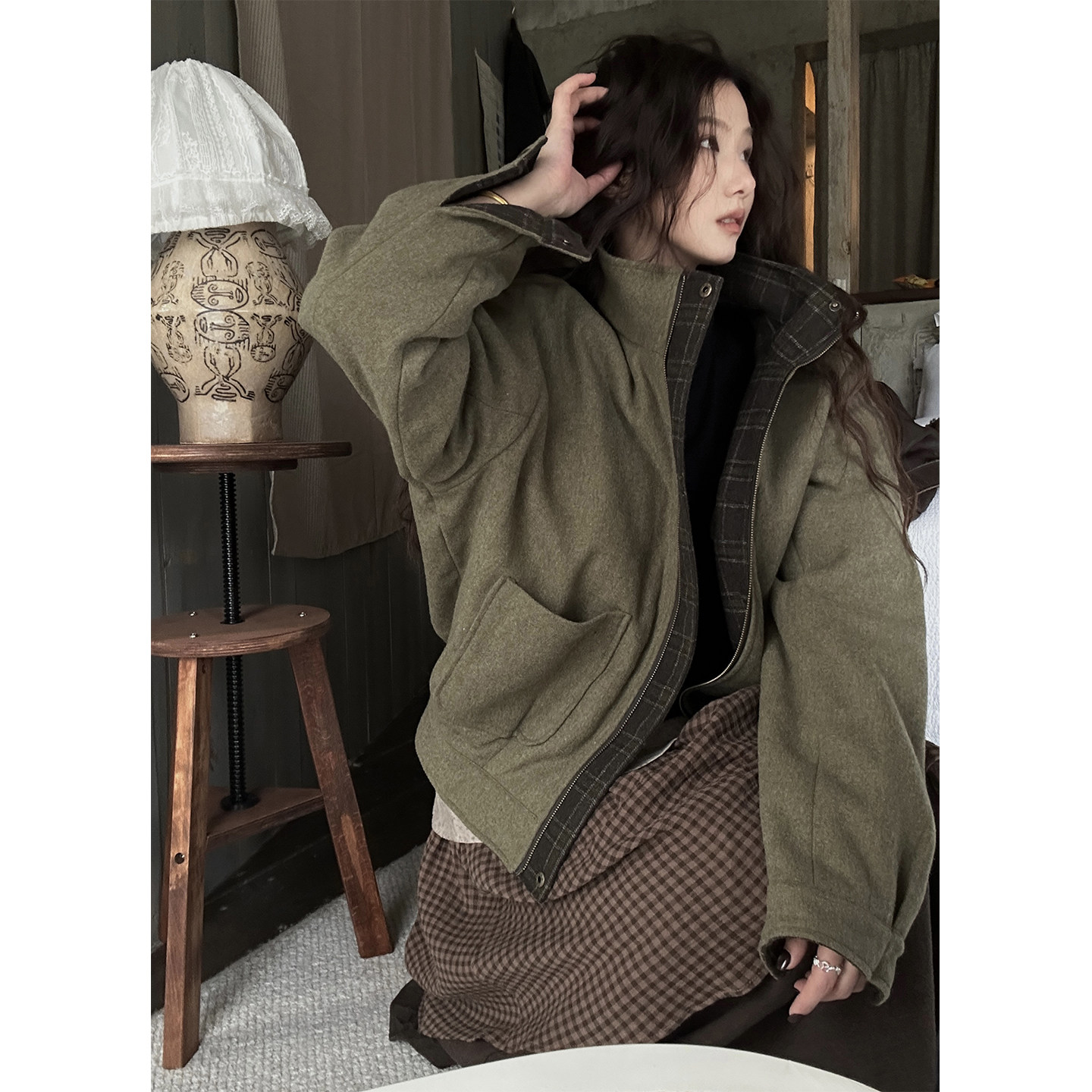 JMWOMEN 绿色复古立领格子毛呢外套女冬季宽松保暖一衣双面穿外套,女装/女士精品,毛呢外套,淘宝优惠券,粉丝福利购,淘宝优惠卷