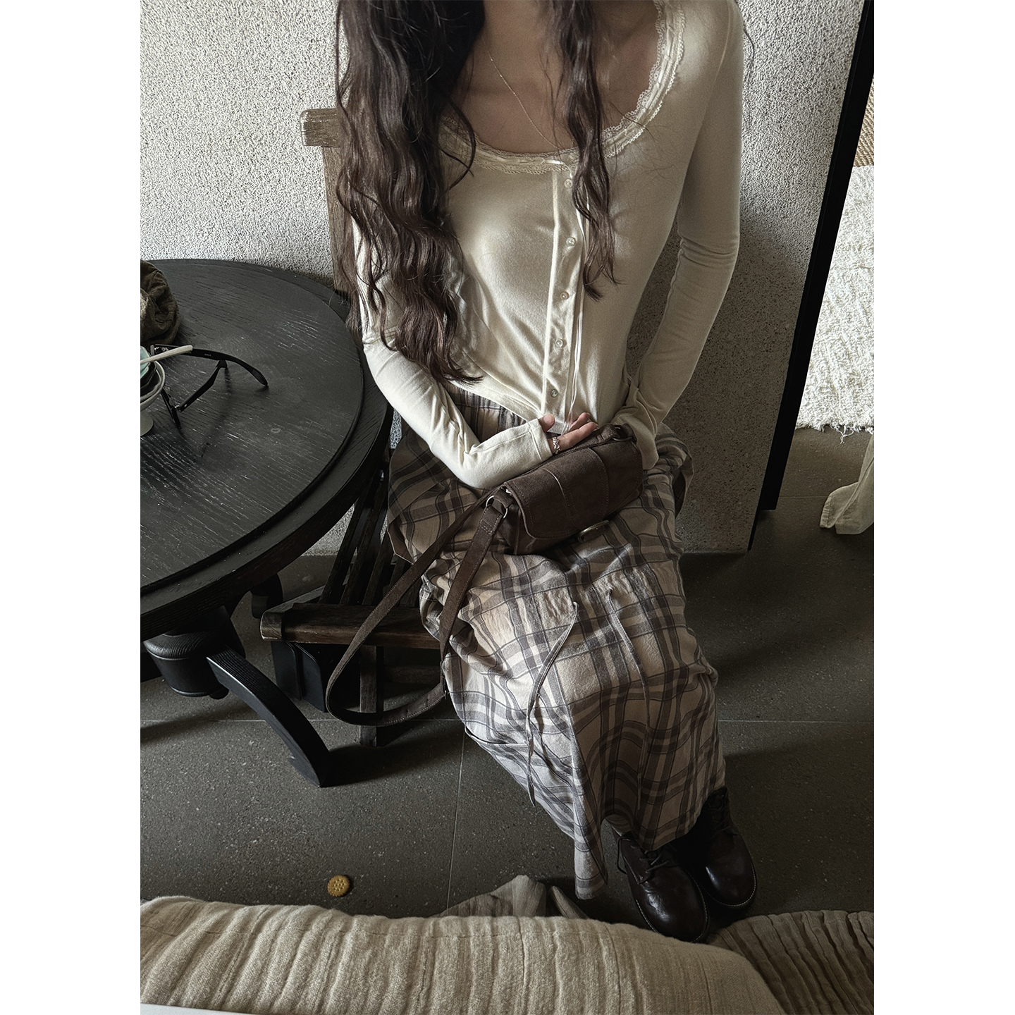 蕾丝花边纯色弹力打底T恤