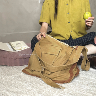 JMWOMEN 复古柑黄色手提斜挎包女2026夏季大容量通勤单肩帆布女包