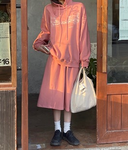 jmwomen中长款连帽卫衣半身裙套装女春秋季日系高腰a字裙子两件套