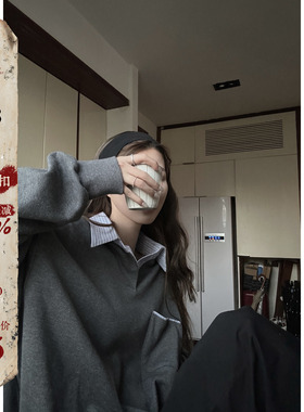 JMwomen收录傍晚灰色中长款衬衫领套头卫衣女春日系叠穿上衣