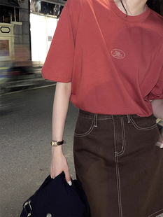 日系复古学生宽松半袖 JMwomen 酒红色印花短袖 T恤女夏季 T恤上衣