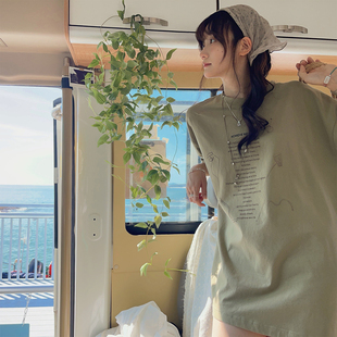 JMWOMEN芽绿色手绘抽象线条字母印花短袖 T恤女春纯棉宽松慵懒上衣