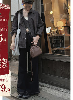 JMWOMEN深邃质感 深宝蓝色格纹长袖衬衫女秋新款宽松百搭翻领外套
