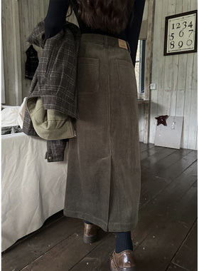 JMWOMEN墨绿色复古灯芯绒高腰半身裙女冬季加厚宽松后开叉a字长裙