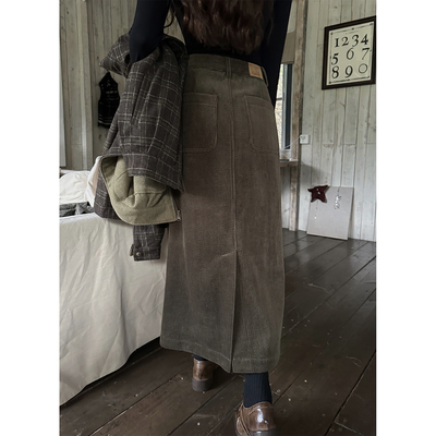 JMWOMEN墨绿色复古灯芯绒高腰半身裙女冬季加厚宽松后开叉a字长裙