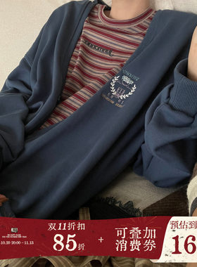 JMWOMEN 学院卡尔蓝简约刺绣袖章卫衣女2026秋宽松松弛感开衫外套