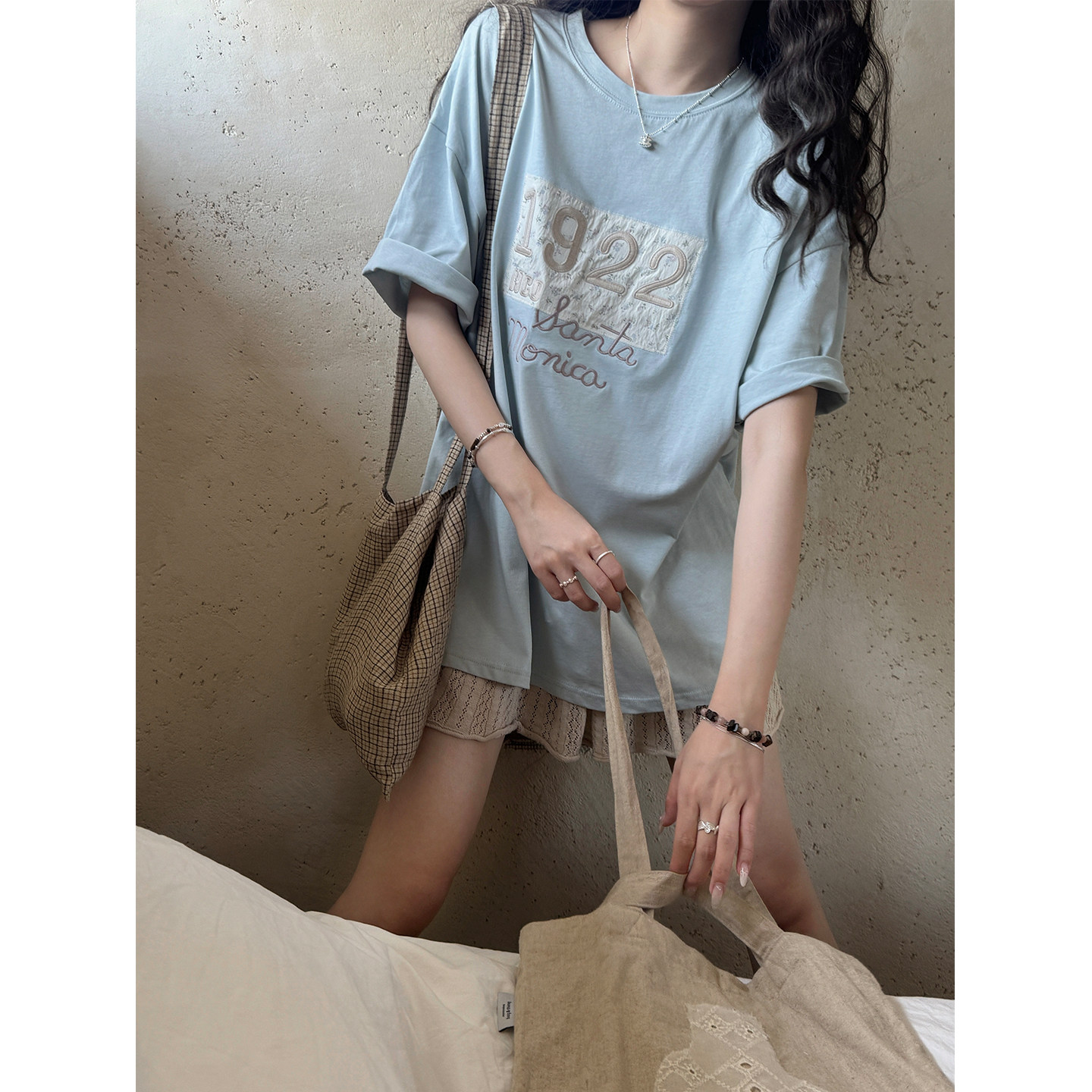 JMWOMEN 薄荷蓝碎花贴布刺绣短袖T恤女2026夏宽松慵懒感中袖上衣