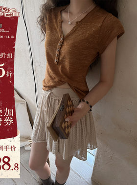 JMWOMNE〔松茶〕焦糖棕色亨利领针织短袖T恤女夏季小飞袖短款上衣