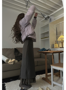 JMWOMEN 绿色日系复古拼接格子高腰半身裙女冬季加厚宽松中古长裙