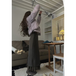 JMWOMEN 加厚宽松中古长裙 绿色日系复古拼接格子高腰半身裙女冬季