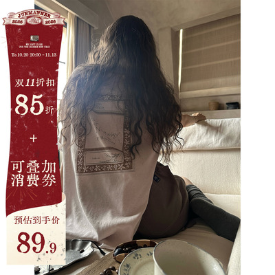 复古做旧印花短袖T恤宽松粉色