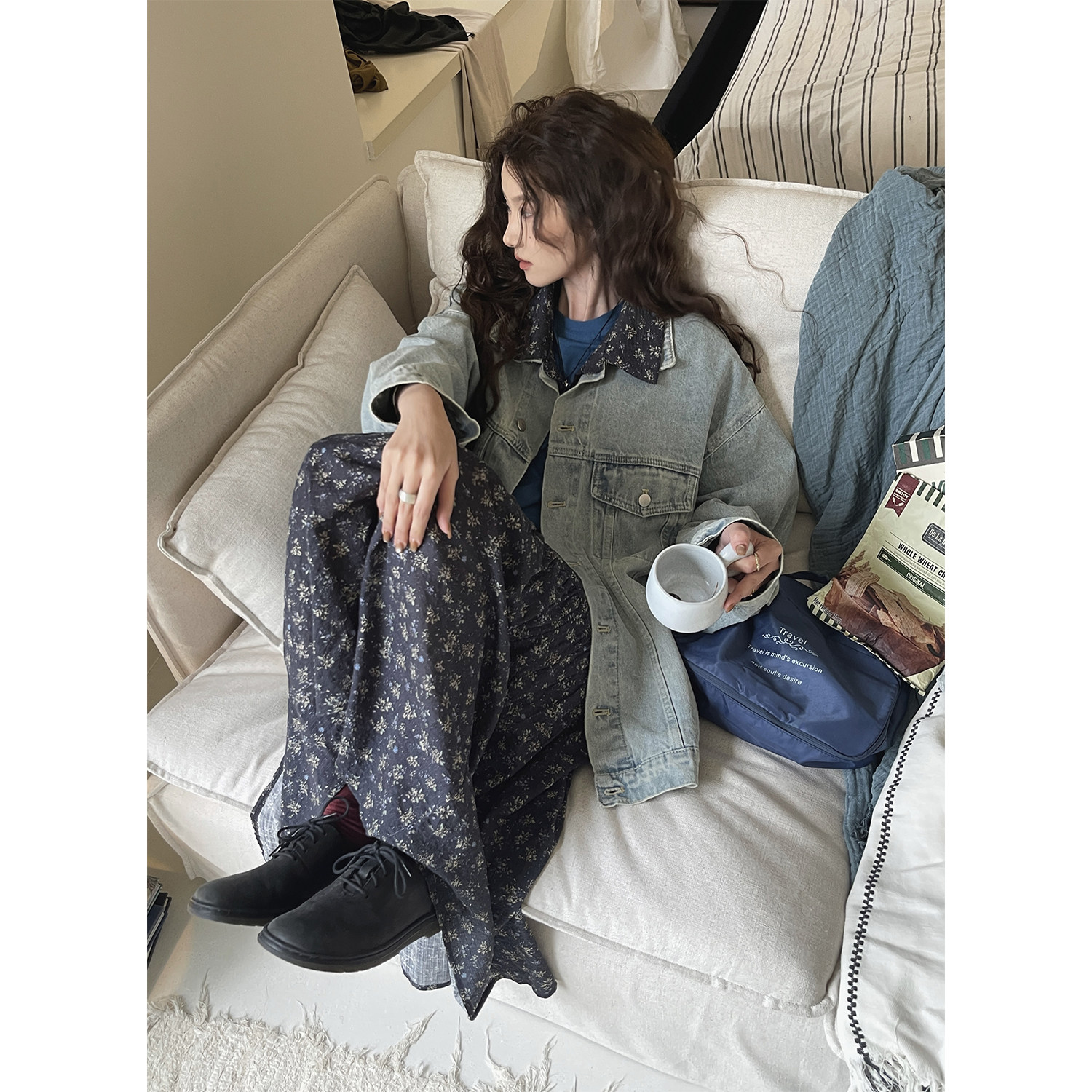 JMWOMEN 蓝色复古牛仔外套女春秋新款宽松碎花领口短款百搭上衣,女装/女士精品,短外套,淘宝优惠券,粉丝福利购,淘宝优惠卷