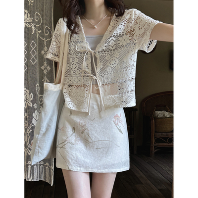 JMWOMEN米白色复古镂空蕾丝V领短袖小衫女2026夏度假风两件套上衣