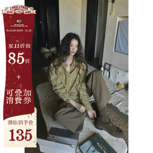 JMWOMEN撞色牛油果 日系复古格子长袖衬衫女秋季宽松百搭翻领上衣
