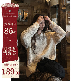 JMWOMEN呼吸雾 复古菱形提花纹理毛衣女秋季宽松慵懒开衩设计上衣