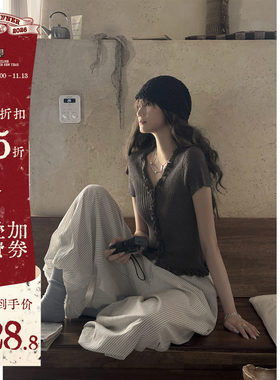 JMWOMEN垂散的花瓣 灰色韩系针织弹力V领短袖T恤女夏收腰显瘦上衣