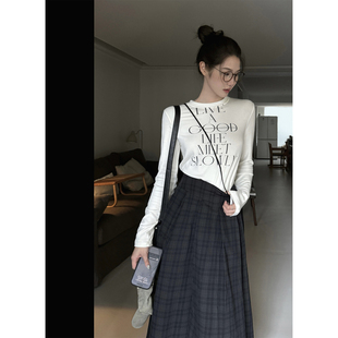 设计感百搭上衣 修身 「丝柔弹力」灰色字母印花长袖 T恤女2026春季