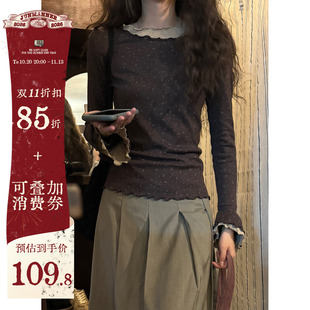 JMWOMEN复古碎花长袖T恤女秋冬修身假两件木耳边花瓣袖打底衫上衣