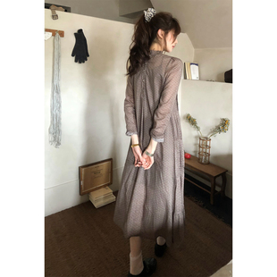 JMWOMEN“细点碎花”复古碎花抽褶长袖连衣裙女秋内含打底a字长裙