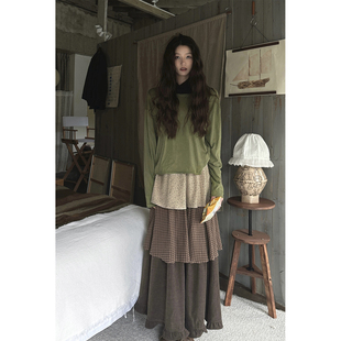 JMWOMEN复古碎花格子拼接高腰半身裙女冬季宽松层次感a字蛋糕长裙
