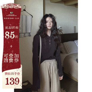 JMWOMEN巧克力棕蕾丝点缀连帽针织长袖T恤女春秋宽松百搭打底上衣