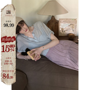 T恤女夏新款 淡蓝色复古短袖 宽松薄纱轻透感上衣 冰川薄荷 JMWOMEN