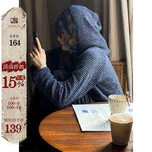 T恤女冬宽松慵懒套头上衣 蓝色条纹简约连帽长袖 JMWOMEN 磨毛柔棉